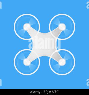White drone symbol on blue background. Quadcopter with spinning propellers top view. Copter, unmanned aerial vehicle sign. Vector illustration Stock Vector