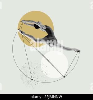Flexible, tender, young woman, professional ballerina dancing over pastel background with abstract design elements. Contemporary art collage. Stock Photo