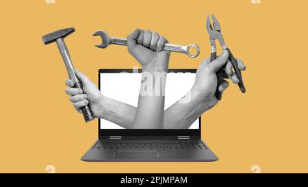 Art collage, hands with tools from a laptop on light background with space for text. The concept of working with different activities. Stock Photo