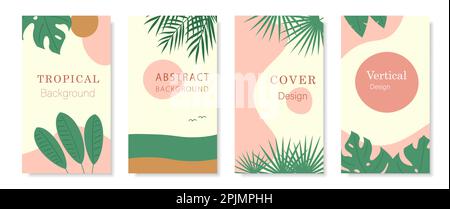 Sea, beach and tropical theme backgrounds for social media stories, posters or covers. Trendy style patterns. Background for mobile phone. Vertical ba Stock Vector