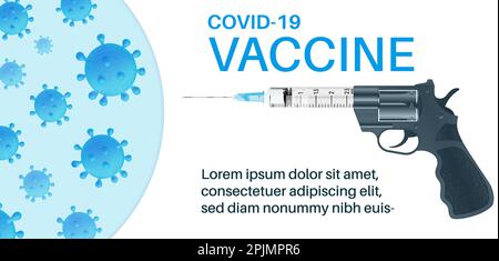 Virus, coronavirus, covid 19 vaccine concept. Syringe with vaccine as gun for virus destruction. Coronavirus, covid 19 vaccination banner or poster. V Stock Vector