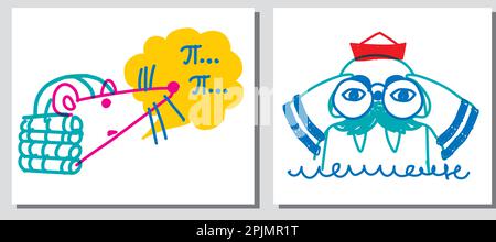 doodle illustration seal sailor looking through binoculars, mouse scientist says number pi Stock Vector