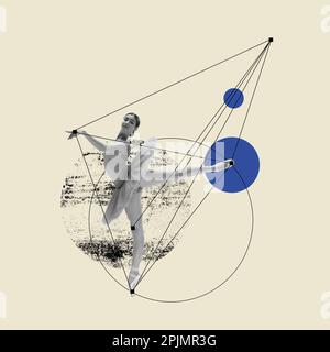 Tender, graceful young ballerina, dancing in ballet tutu over pastel background with abstract design elements. Line art. Contemporary art collage. Stock Photo