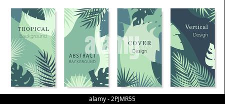 Green tone tropical theme backgrounds for social media story, posters or covers. Sale stories. Background for mobile phone. Vertical backdrop. Trendy Stock Vector