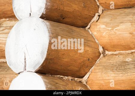 Exterior details of Siberian wooden house made of logs Stock Photo