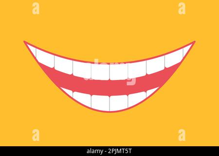 Broad happy smile. Emoticon template on yellow background. Smile face. Mouth with teeth drawing. Joy, fun emoticon. Vector illustration Stock Vector