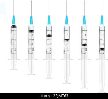 Set of realistic medical disposable syringes with needles and vaccine inside. Applicable for vaccine injection illustration. 3d plastic syringes with Stock Vector