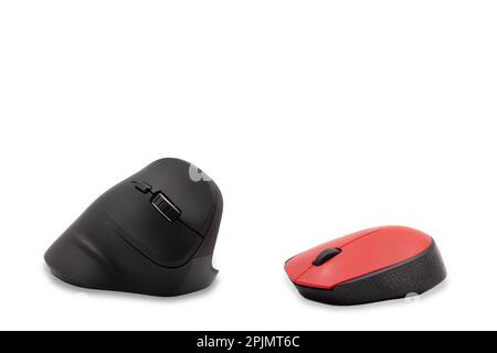 Vertical black and horizontal red computer mouse on a white background against each other. Horizontal. Background. Template. Photo in high quality Stock Photo