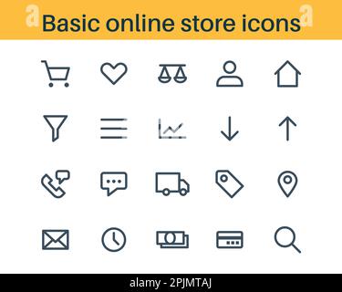 Set of basic outline icons for online store or shop. Line icons for internet store - cart, favorites, compare, catalog, sorting, contacts, delivery, p Stock Vector