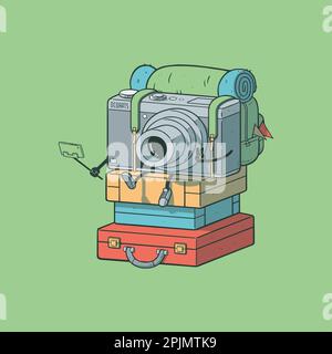 Luggage, backpack and camera holding selfie stick for making advertising media about tourism and all object on green background, vector flat Stock Vector