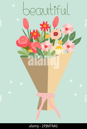 Flat-style vector illustration of a blossoming flower bouquet a blue background.Tulip, chamomile, rose and wildflowers in craft paper, perfect for various celebrations. Vector illustration. Stock Vector