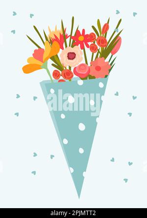 Flat-style vector illustration of a blossoming flower bouquet a blue background.Tulip, chamomile, rose and wildflowers in craft paper, perfect for various celebrations. Vector illustration. Stock Vector
