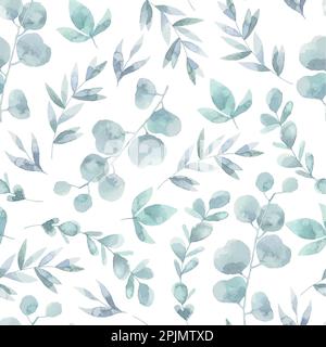 Seamless watercolor floral pattern - green leaves and branches composition on white background, perfect for wrappers, wallpapers, postcards, greeting Stock Vector