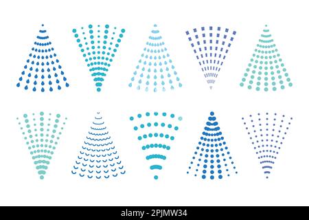 Spray icons set. Fluid, air spray symbol. Aerosol cloud symbol. Air or water sprayer, sprinkler, nebulizer. Dotted line sprayer icon. Vector illustrat Stock Vector