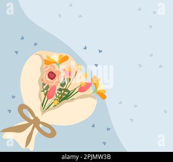 Flat-style vector illustration of a blossoming flower bouquet a blue background.Tulip, chamomile, rose and wildflowers in craft paper, perfect for various celebrations. Vector illustration. Stock Vector
