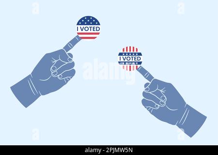 American election concept - hand with i voted sticker on the finger. Vote, voting campaign sticker. American political presidential election. I voted Stock Vector