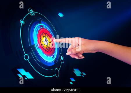 Businessman holding microchip processor with lights on the blue background. hologram digital chatbot, application, conversation assistant, AI Artifici Stock Photo