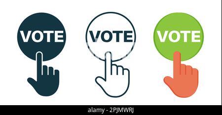 Hand clicks on vote button. Vote icon in line, glyph and flat styles. Hand clicks by finger on the button. Election, choice, decision, voting concept Stock Vector