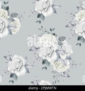 Seamless floral pattern - grey blush flowers elements, green leaves branches on white background; for wrappers, wallpapers, postcards, greeting cards, Stock Vector