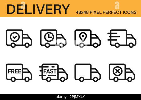 Set of shipping, delivery icons. Delivery status symbols - delivered, shipped, scheduled, on the way, approved, confirmed. Shipping service symbols. O Stock Vector