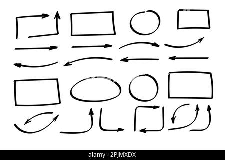 Doodle arrows set or collection. Hand-drawn shapes, check marks, directions signs or symbols. Ink arrows vector. Doodle symbols. Pointer icons. Pointe Stock Vector