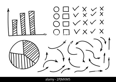 Doodle arrows set or collection. Hand-drawn shapes, check marks, directions signs or symbols. Ink arrows vector. Doodle symbols. Pointer icons. Pointe Stock Vector