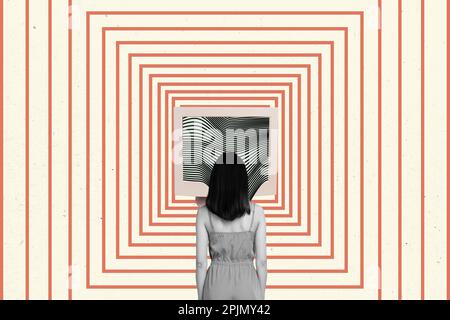 Composite collage artwork image young girl watching retro television monitor zombie hypnosis disinformation isolated on painted background Stock Photo