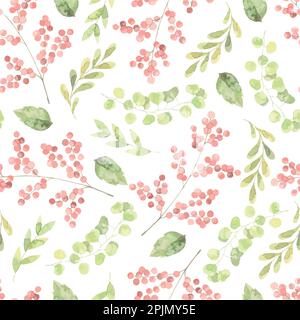 Seamless watercolor floral pattern - green leaves and cherry fruit composition on white background, for wrappers, wallpapers, postcards, greeting card Stock Vector
