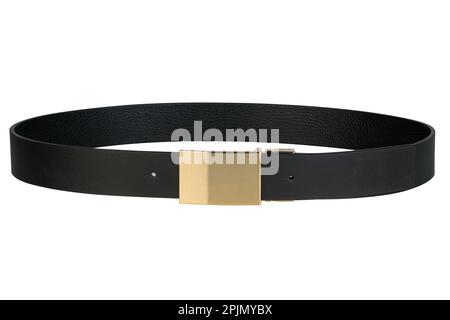 Coiled black fashion belt for men with gold buckle Isolated on a white background. Stock Photo