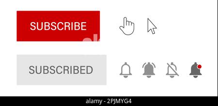 Set of user interface elements for subscription illustration - subscribe button, hand and arrow cursor, subscribed button, notification bell. Video so Stock Vector