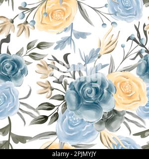 Seamless watercolor floral pattern - blue beige blush flowers elements, green leaves branches on white background; for wrappers, wallpapers, postcards Stock Vector
