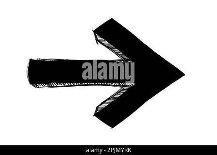 Black ink grungy arrow direction sign painted with hand brush over white transparent background. Fine line black ink hand drawing of an arrow. Stock Photo