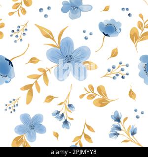 Floral seamless pattern with abstract blue and beige flowers, delicate branches and leaves. Watercolor print isolated on white background for textile Stock Vector