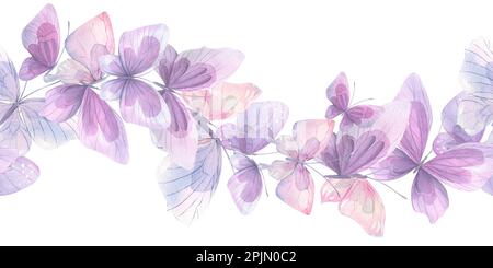 Pink, lilac and blue butterflies, gentle, airy, flying. Watercolor illustration. Seamless border on a white background. For decoration and design of Stock Photo