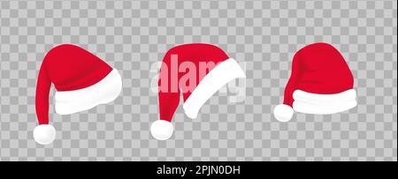 Set of claus red hats with white fur. Christmas hat on isolated background. Xmas clothing. Santa hat template for decoration. Claus, christmas headdre Stock Vector