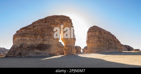 Sandstone elephant rock erosion monolith standing in the desert, Al Ula, Saudi Arabia Stock Photo