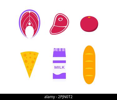 Food set including fish, salmon, meat, steak and carton of milk and fruit, cheese. Flat isometric style illustration. Vector illustration Stock Vector