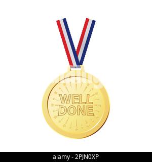 Realistic medals with striped ribbons and text well done. Realistic golden awards for winner, success, achievement. Applicable for winner certificates Stock Vector