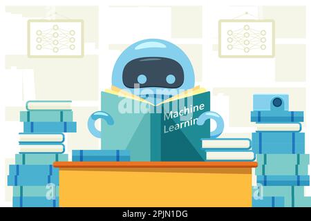 Robot or bot reading machine learning book and sitting at the table. Artificial intelligence flat design concept that demonstrate ai, machine learning Stock Vector