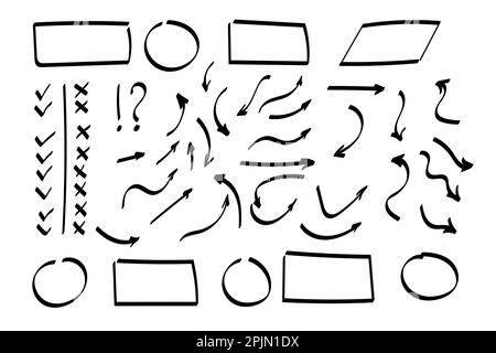 Doodle arrows set or collection. Hand-drawn shapes, check marks, directions signs or symbols. Ink arrows vector. Doodle symbols. Pointer icons. Pointe Stock Vector