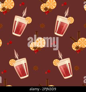 Pattern with hot wine and oranges, berries and cinnamon on a dark background. Vector. Seamless pattern. EPS10 Stock Vector