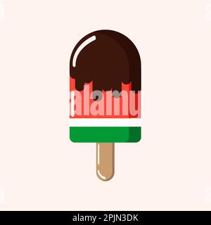 Green, red, white - multicolored ice cream in chocolate on pink background with highlights on a stick. Vector, object, EPS10. Stock Vector