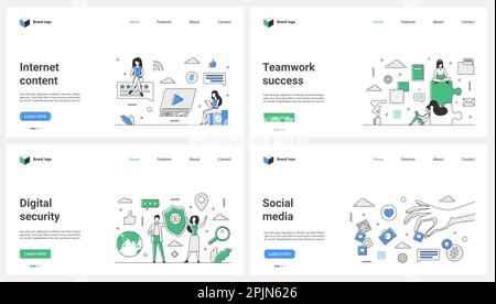 Development of social media content and loyalty, digital security, teamwork success set vector illustration. Cartoon tiny people protect data with shield, customers hand giving likes to viral video Stock Vector