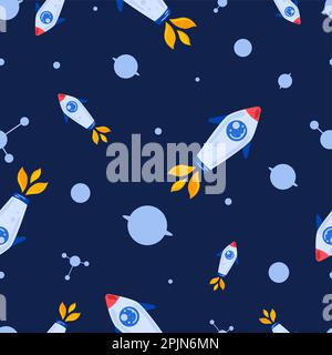 Space seamless pattern on blue background with rockets, planets and satellites. Vector. Seamless pattern. EPS10 Stock Vector