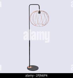 This image features a modern black metal floor lamp with a unique ball cage light at the end Stock Photo