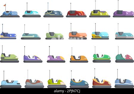 Bumper cars attraction icons set cartoon vector. Park game. Car children Stock Vector