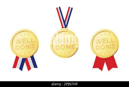 Realistic medals with striped ribbons and text well done. Realistic golden awards for winner, success, achievement. Applicable for winner certificates Stock Vector