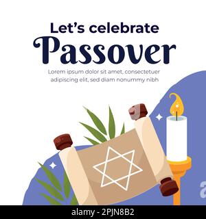 Happy Passover Jewish holiday, Lets Celebrate Seder Pesach, greeting card with traditional icons. scripture, torah, flowers and leaves, symbols, icons Stock Vector