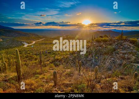 Sunset over Tucson, AZ shot from Redding Pass road. Stock Photo