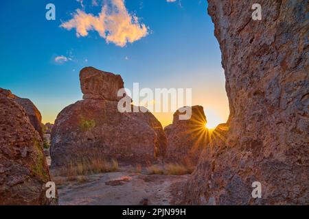 Sunbeam through rocks at City of Rocks State Park, New Mexico. Stock Photo
